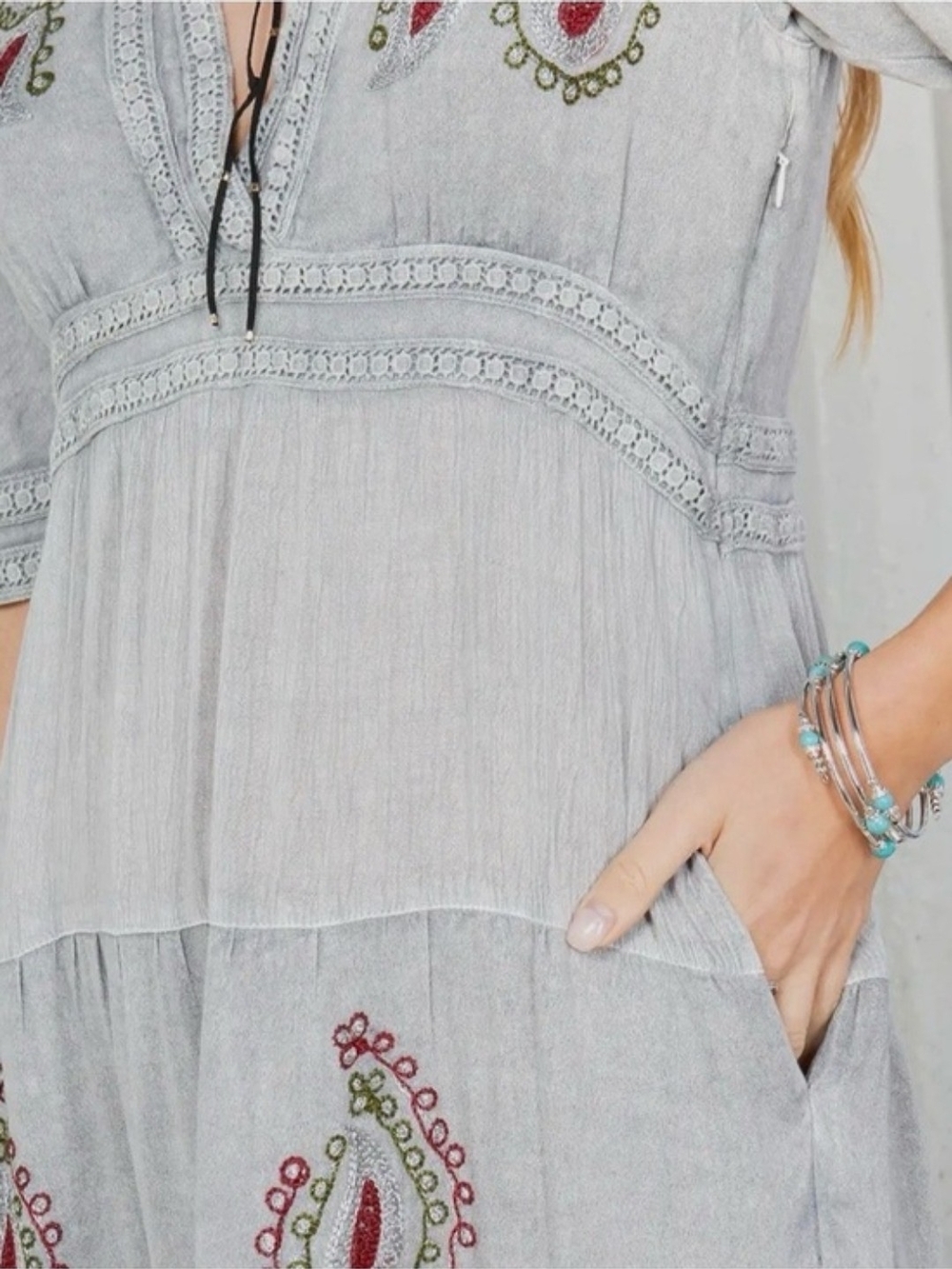 NEW!! Young Threads Boho Embroidered Gray Maxi Dress, Sz XL, NWT - Picture 4 of 5